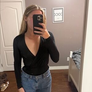 Black Deep V-Neck Women Thong Bodysuit